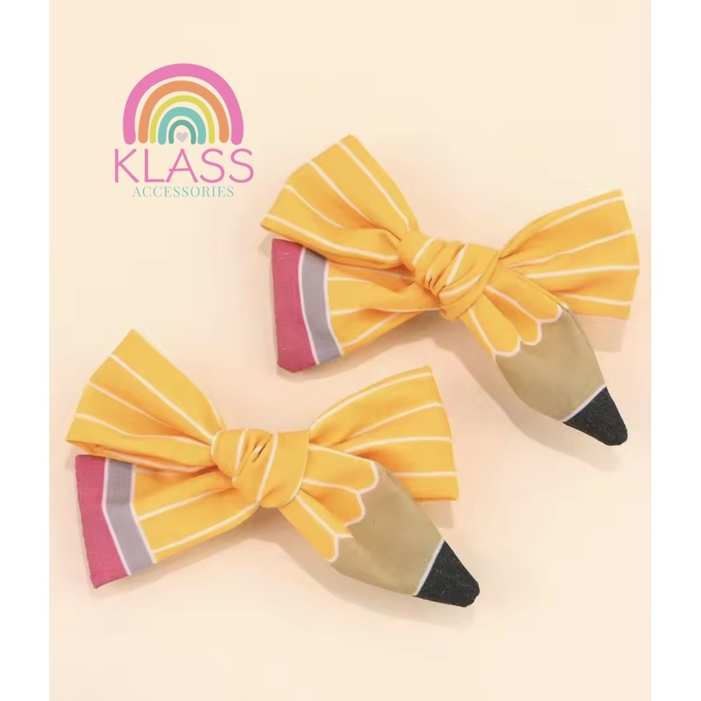 KLASS First Day of Back to School Outfits Girls Pencil Hair Bows Clips Set 2